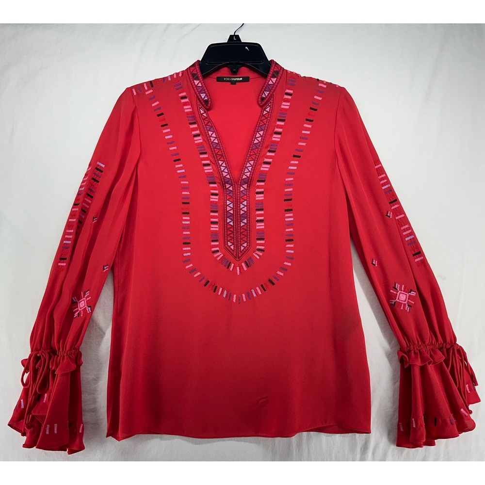 Kobi Halperin Junie Red Embroidered Silk Split Neck Bell Sleeve Blouse XS Top